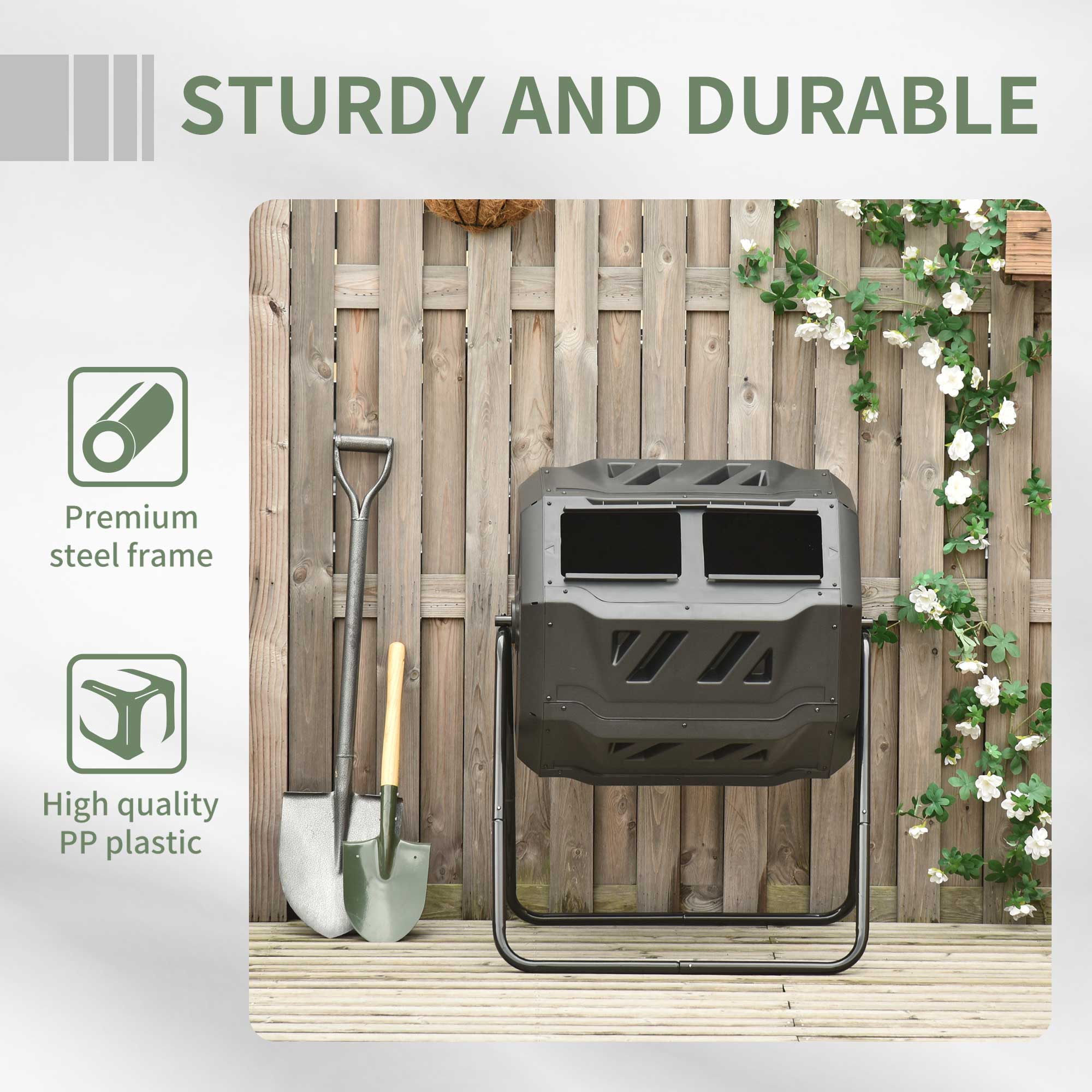 Tumbling Compost Bin Outdoor 360° Dual Chamber Rotating Composter 43 Gallon, Green
